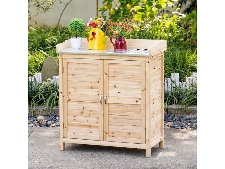 Armoire de jardin en bois massif avec table de travail 2 étagères et double porte naturel