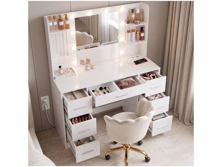 Schminktisch Charlotte mit LED-Beleuchtung und Ladestation - weiss