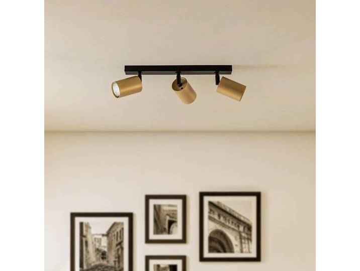 Plafondspot Zoom, 3-lamps, zwart/goud dimbaar, zwart, Woon-/ Eetkamer, metaal, buitenspot