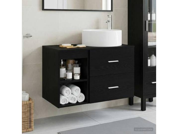 YUTAASU Badezimmermöbel-Set 2 STK. Schwarze Eiche Holzwerkstoff Wandmontierter Schrank, flexible Waschbeckenposition, Stauraum mit Regalen und Schubladen