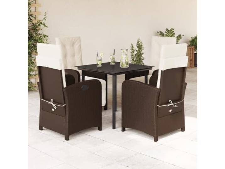 KTHLBRH Gartenmöbel-Set, 5-teilig, Polyrattan, Braun Lehnstuhl mit Fußhocker, waschbaren Kissen, Glastisch, für die Terrasse