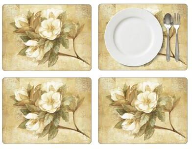 Pimpernel Sugar Magnolia Cork Backed Placemat Set Lacquer Heat Stain Resistant - 15.7 inches x 11.7 each