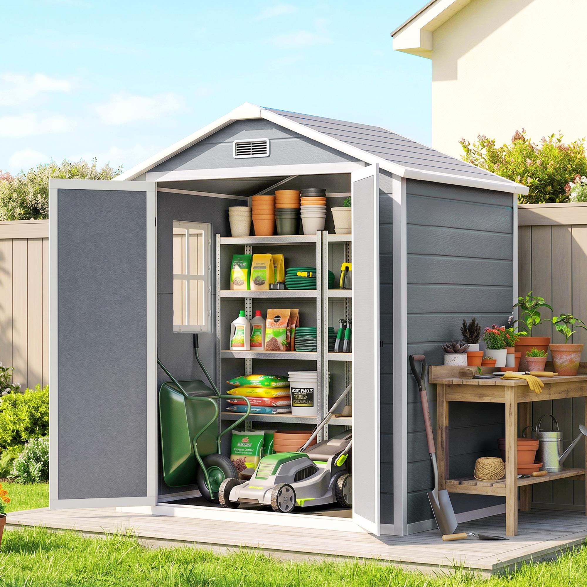 Metall-Gerätehaus abschließbar, Gartenschuppen mit Fenster, Belüftung, Aluminiumrahmen, Grau | 183 x 134 x 210 cm | 36,5 kg | Doppeltür