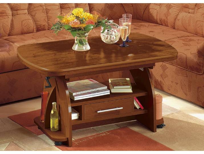 Couchtisch mit Schublade, Nussbaum, Höhenverstellbar, Höhe 51-61 cm
