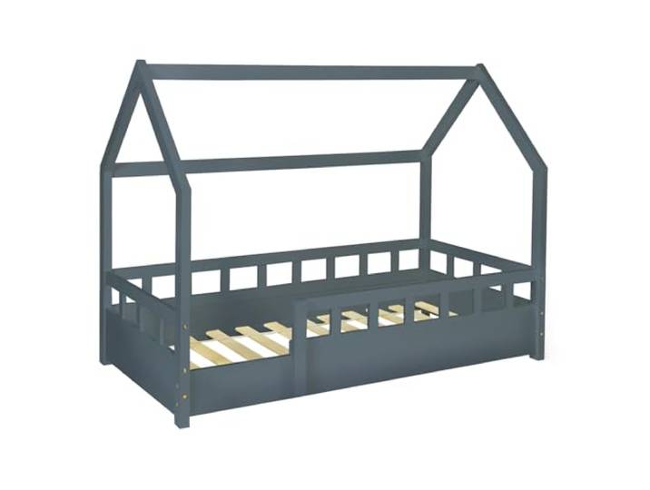 IDMarket - Kinderbett Baumhaus 80 x 160 cm NEREE grau mit Lattenrost und Gitter