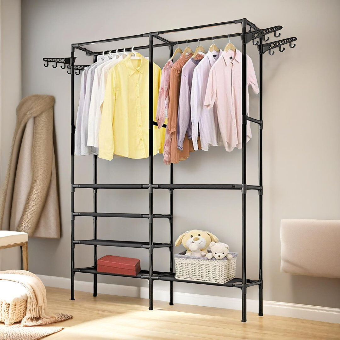 17 Stories Heavy Duty Metal Clothes Rail Open Wardrobe Bedroom Furniture Black 86cm L