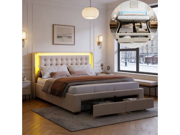 Lit coffre 140x190 cm - DRELYGWEA - Velours beige - LED - cadre de lit 140x190 - lit double 140x190 - 2 tiroirs