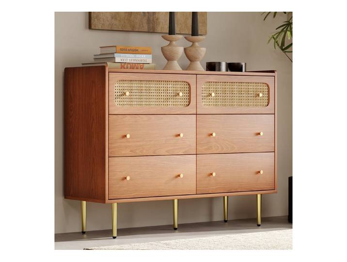 OKWISH Kommode Sideboard 120x90x40 cm mit 6 Schubladen aus Holz & Metall – Nussbaum (Für eine geordnete Aufbewahrung im Wohn- oder Essbereich), Mit 6 Schubladen aus Holz & Metall, verstellbar