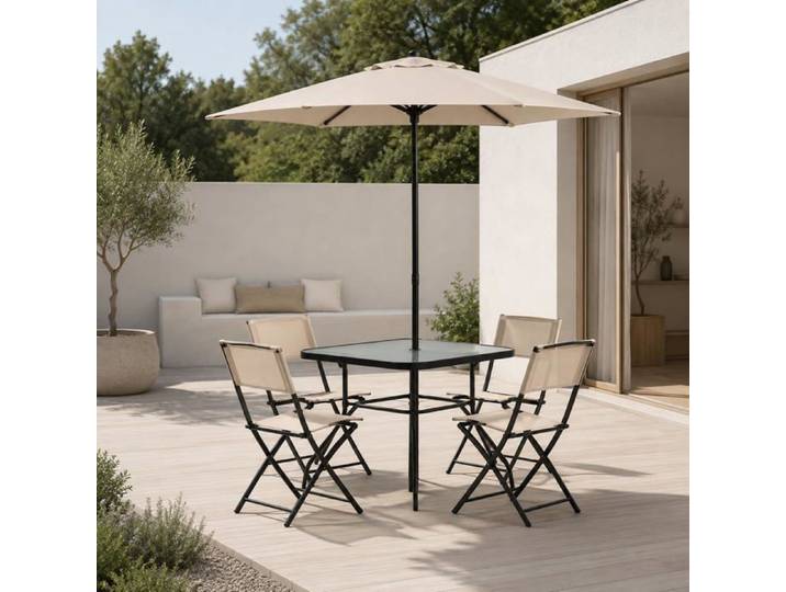 Ensemble repas de jardin 6 pcs - Table en verre - 4 chaises et 1 parasol - Mobilier terrasse balcon et jardin - Beige et Noir