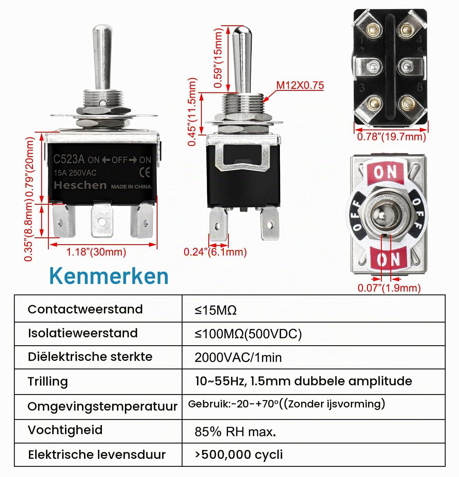 Lustrens Metalen Tuimelschakelaar DPDT AAN/UIT/AAN 15A 250VAC