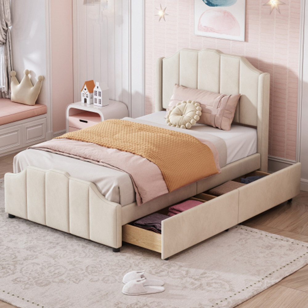 Kinderbett, Polsterbett,Bettgestell mit 2 Stauraumschubladen mit Kopfteil, Lattenrost Samt gepolstertes Doppelbett Jugendbett 90 x 200 cm