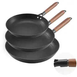 VEVOR Gusseisenpfanne Bratpfannen-Set (205 / 265 / 310 mm), Hochleistungs-Bratpfannen mit abnehmbarem Holzgriff, Kochpfanne, Küchenkochgeschirr, geeignet für Gas Elektro Schwarz