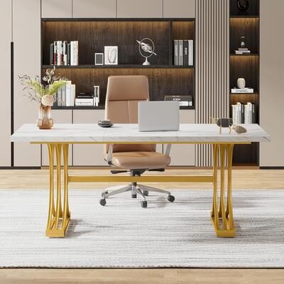 Jiallo "55""Modern Writing Desk with Z-Shaped Metal Legs, Heavy Duty Rustic Brown Wood Desktop"