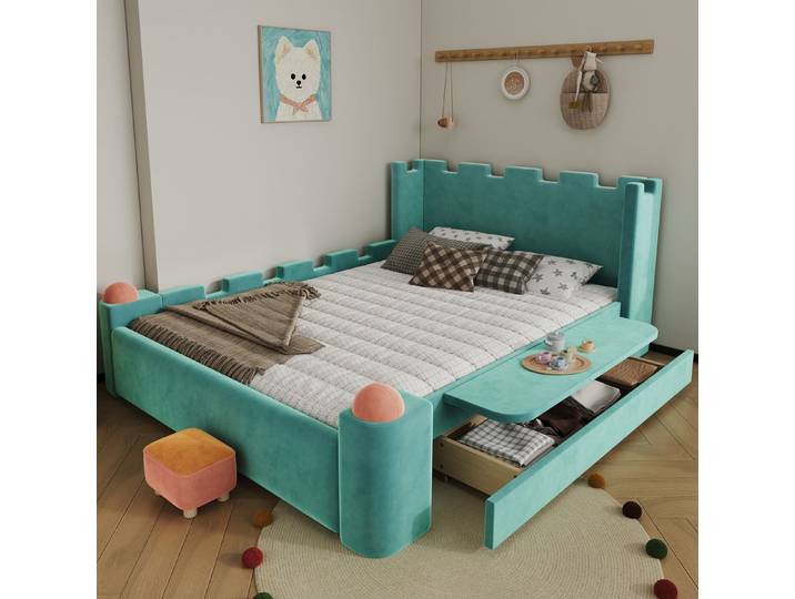 MODFU Polsterbett mit Stauraum-Schublade,Seitenablage klappbar, Kinderbett Funktionsbett (Anti-Kollisions-Schutzkanten, 140x200cm, Doppelbett Burg-Design, Jugendbett, Stauraumbett), Inklusive Matratze