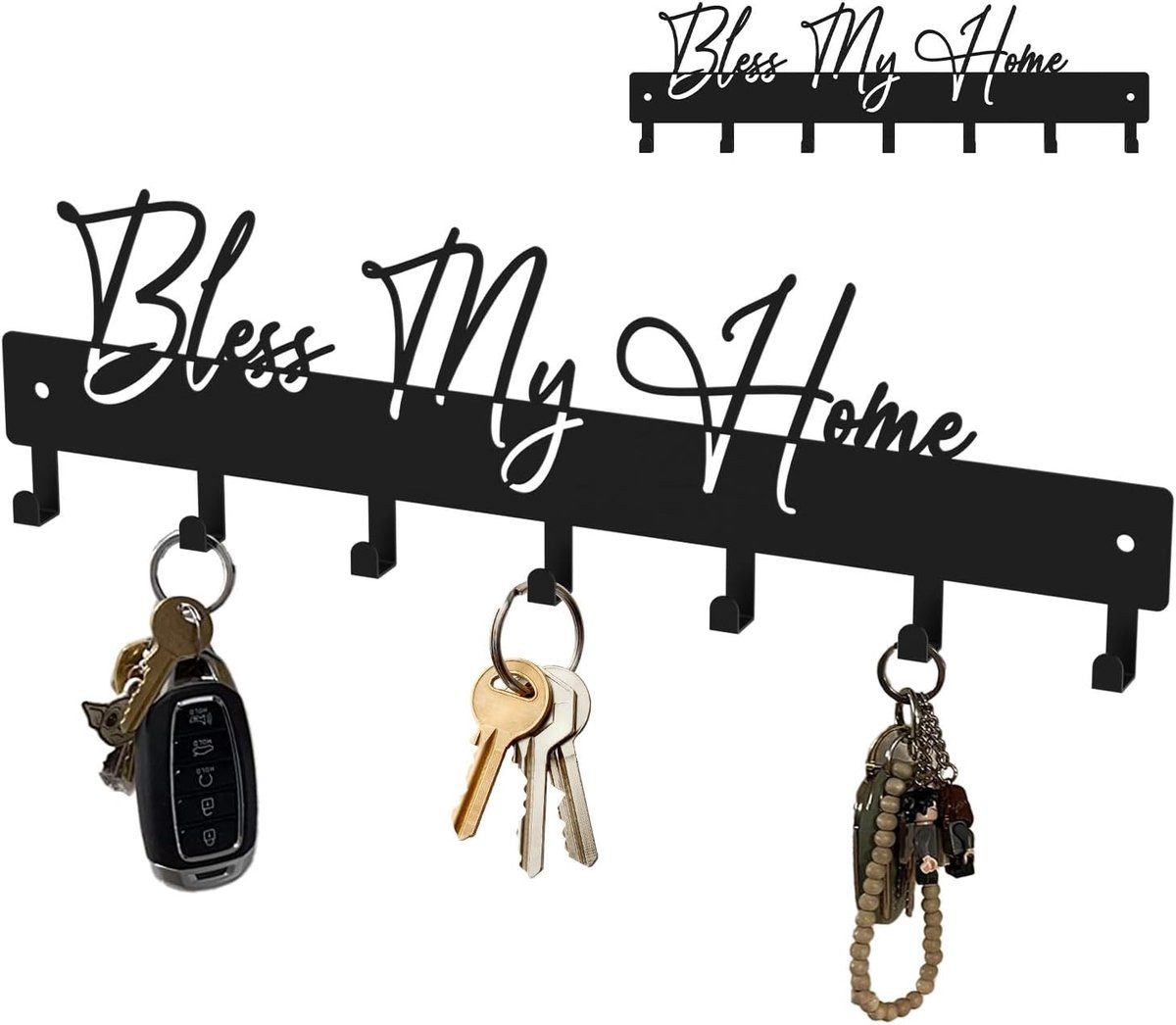 Zwarte metalen wandsleutelhouder Bless My Home met 7 haken