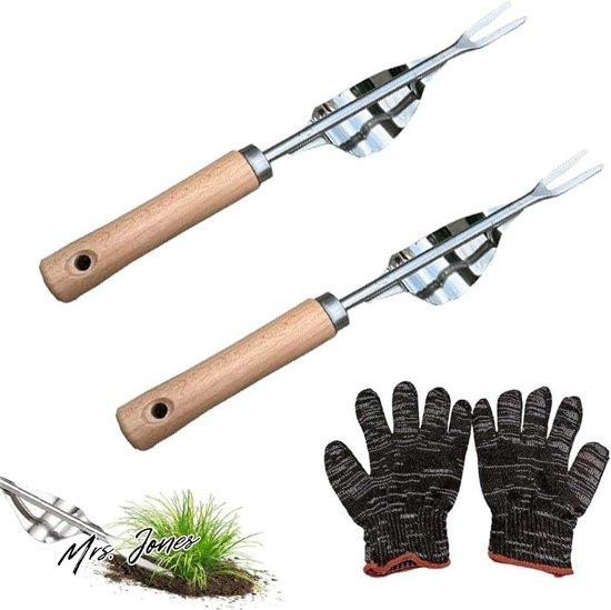 Mrs. Jones Handmatige onkruidverwijderaar set van 2 stuks, roestvrij staal en hout, zilver