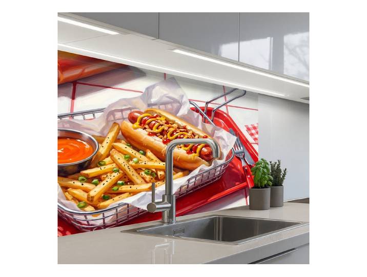 KitchenYeah Küchenrückwand selbstklebend (keine Folie) Essen – Hotdog – Fast Food – Modern – Rot, (1-tlg), Spritzschutz, Küche, Rückwand, Küchenwand, Abwaschbar, 200x80 cm