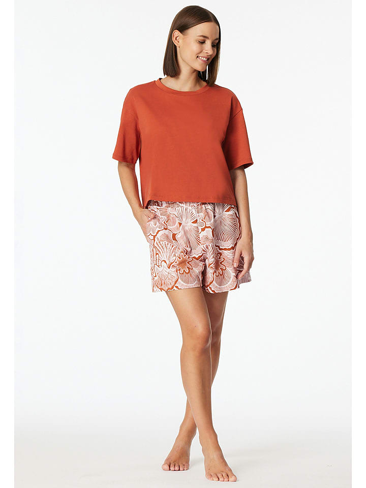 Schiesser Pyjama-Shorts in Terracotta/ Weiß - 34
