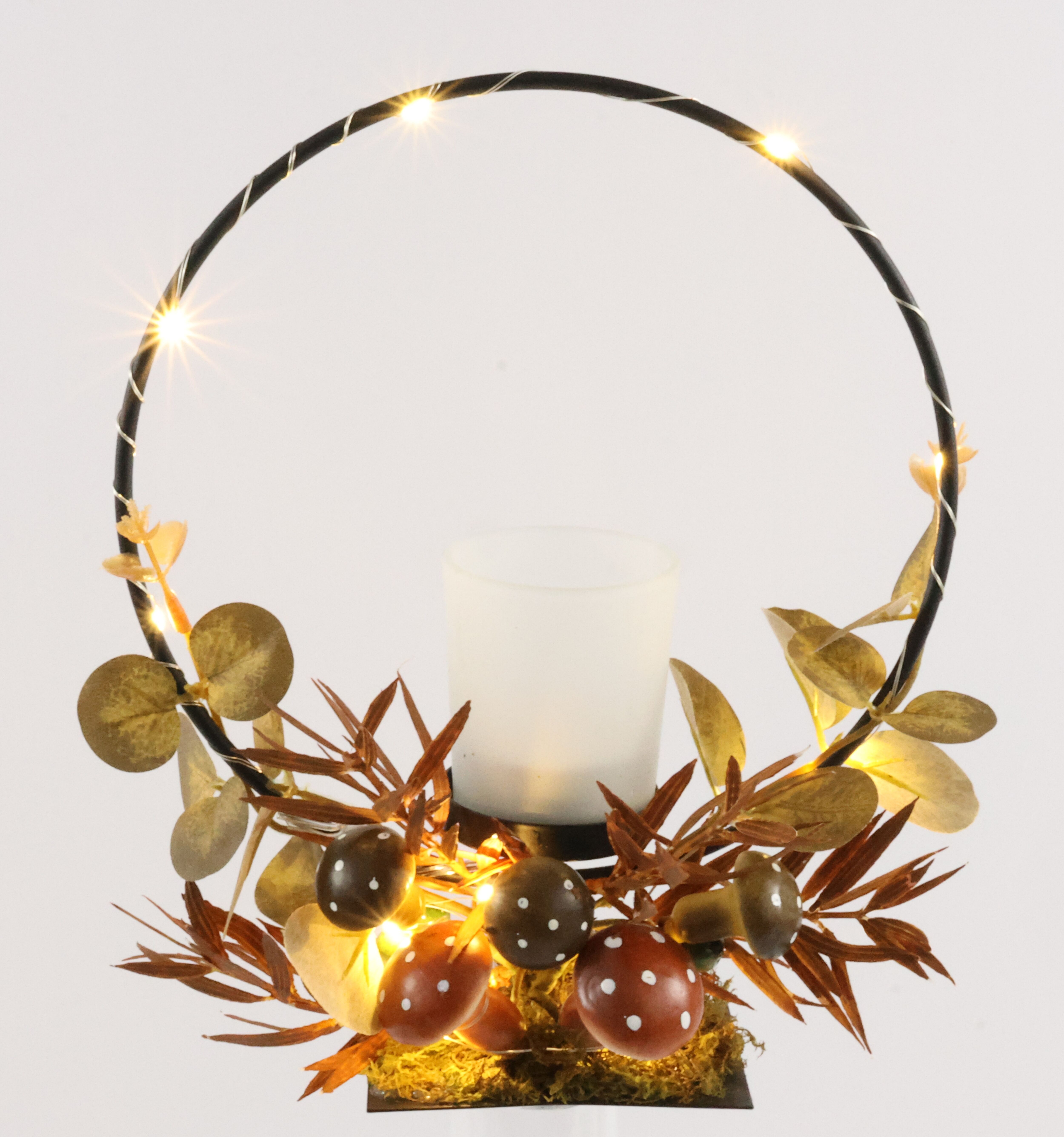 Teelichthalter I.GE.A. "Teelichthalter mit Metall-Bogen LED-Licht", braun, B:20cm H:23cm, Glas, Kerzenhalter, Teelichthalter, Herbstlich dekoriert Herbstlaub Eukalyptus Teelicht-Glas