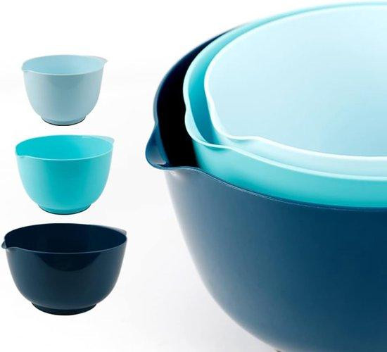 Unyqoos 3-delige set mengkommen van kunststof, blauw, stapelbare en antislip serveerschalen met uitgietopening