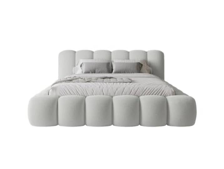 Chilly. Möbel Design Bett Stone - Polsterbett mit Bettkasten, Lattenrost und Kopfteil - 180x200 cm - Metallrahmen - Bouclé Grau