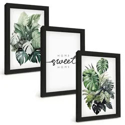 BILDER SET 3er Set - 20x30 cm Schwarzer Rahmen - Pflanzen mit der Aufschrift „Sweet Home“