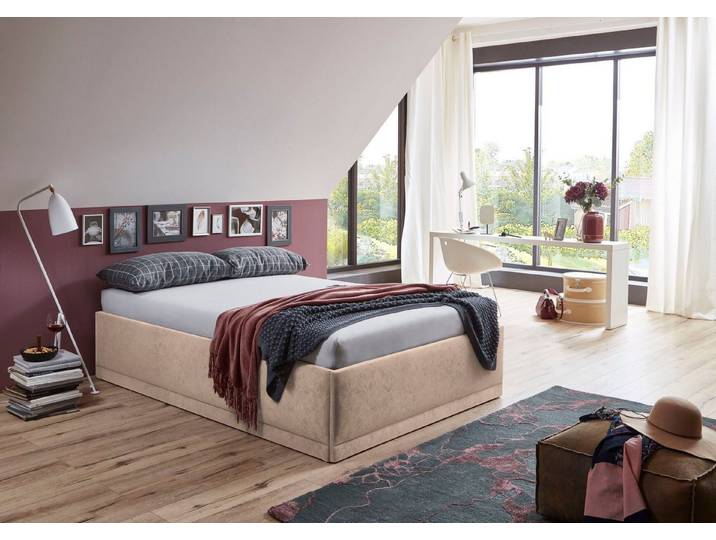 Westfalia Schlafkomfort Polsterbett Texel, Standardhöhe mit Zierkissen, Bettkasten bei Ausführung mit Matratze