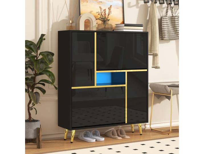 ELVORIN Meuble a chaussures noir 80 x 25 x 96 cm facade brillante LED 16 couleurs portes reglables