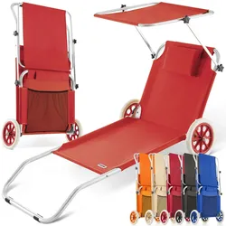 CASARIA® Alu Sonnenliege Klappbar mit Dach Rollen Kissen Strandliege Liegestuhl Garten Rot