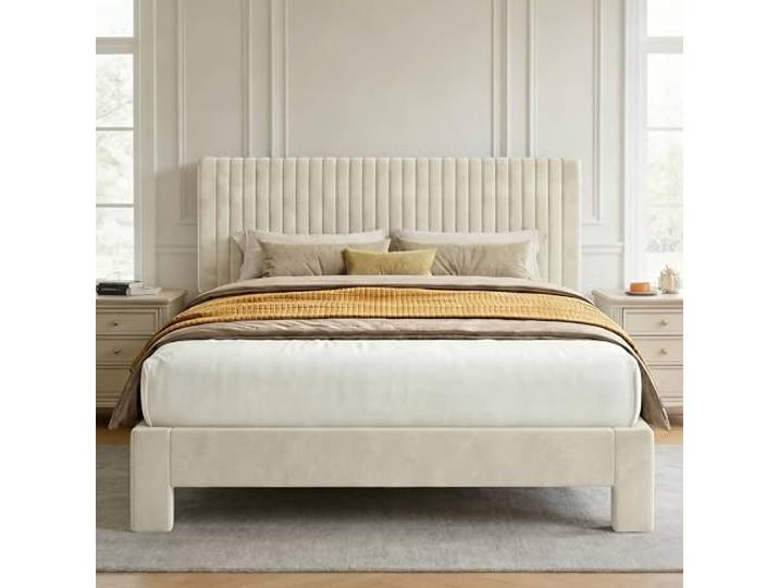 Vipbear 180 x 200 Bettrahmen, Samt Stoff gepolstert Plattform Bett mit Knopf Tufted Kopfplatte, Starke Holzschalten Unterstützung, Lärmfrei, Einfache Montage, Keine Box-Feder erforderlich, Beige