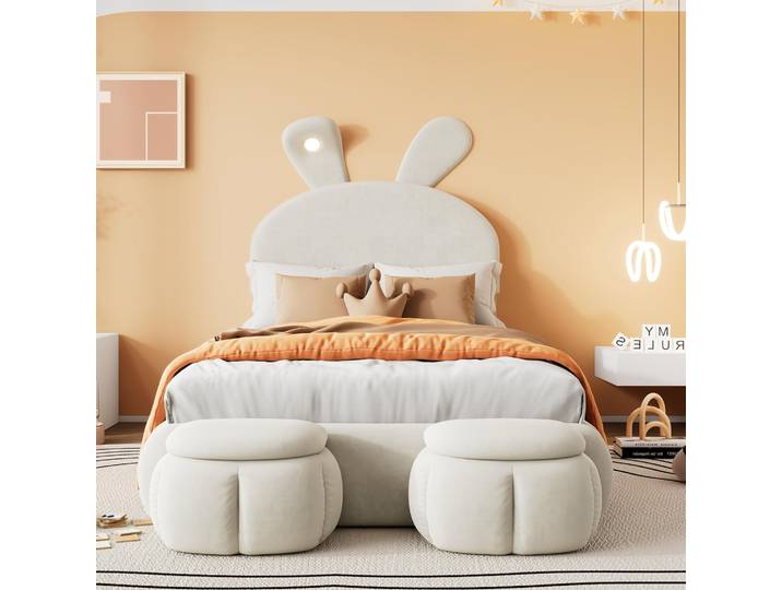 Lit rembourré 90x200cm\, lit simple\, avec deux tabourets de rangement\, beige