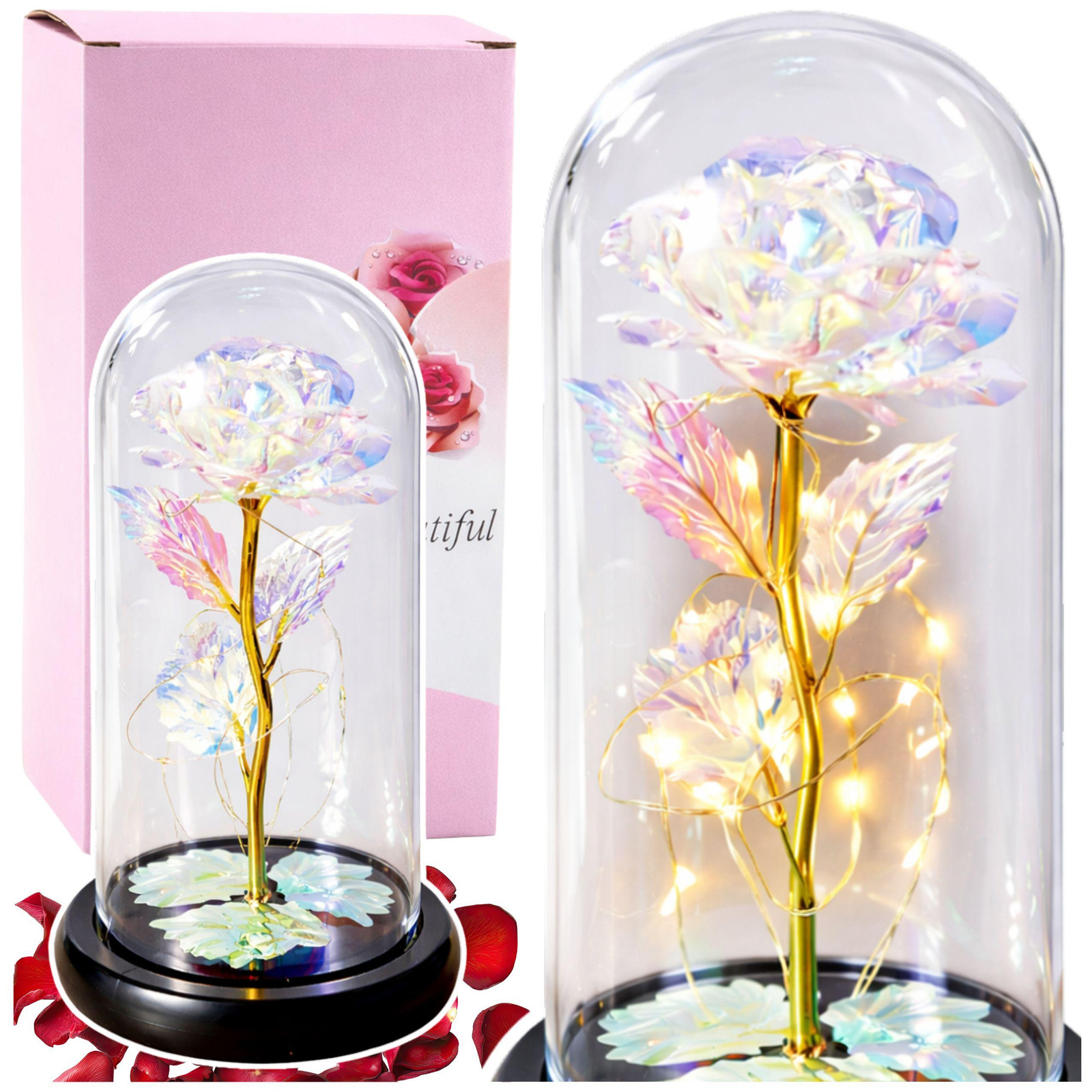 Eeuwige roos in een glazen kristallen koepel met kleurrijke LED-verlichting, 21 x 11 cm