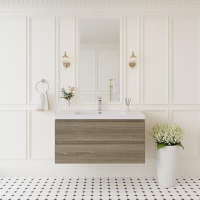 JimsMaison Wood Melamine Floating Wall‑Mount Bathroom Vanity with Integrated Sink , Premium Soft-Close Hardware ( Fully Assembled )