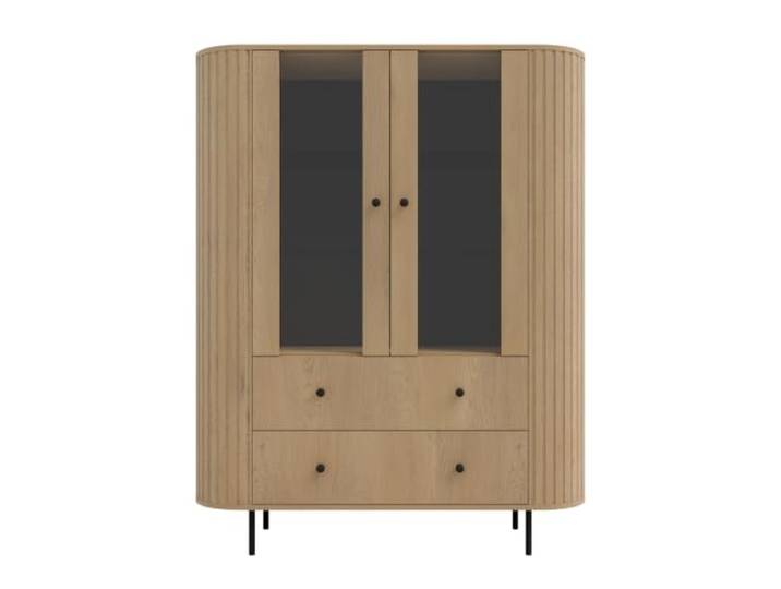Margaret Hadas24 Olivia Vitrine 123 cm Eiche Cremona Moderne Vitrine mit Glastüren, 2 Schubladen und geriffeltem Design