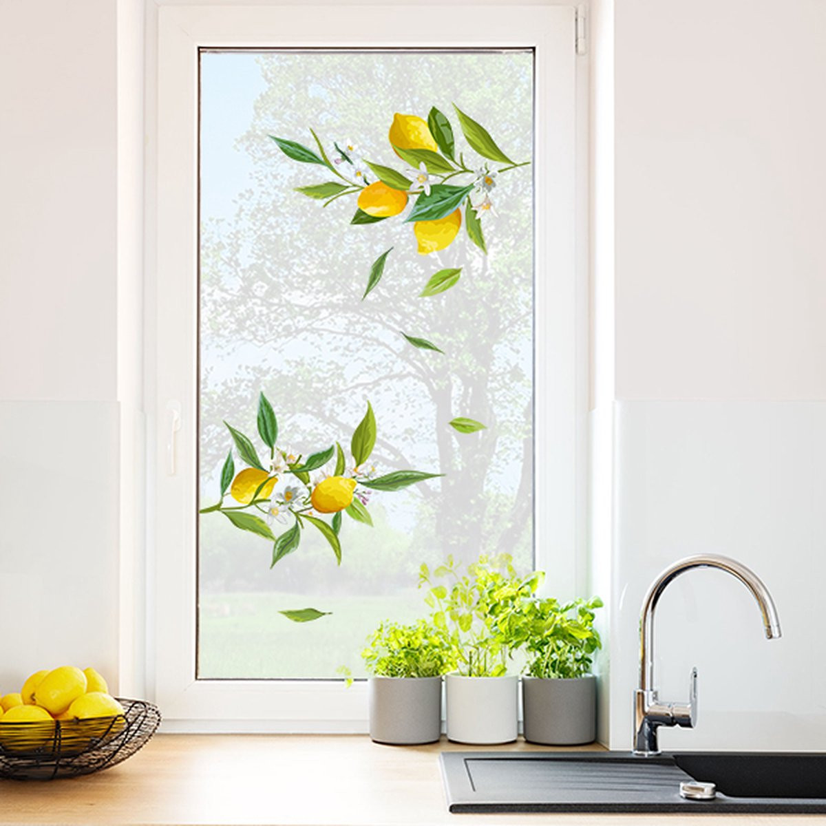 Crearreda Raamstickers Citroenen met Witte Bloemen - Tegelstickers voor de Badkamer