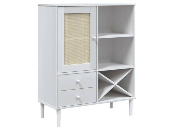 KGHFDVB Highboard SENJA Rattan-Optik Weiß Kiefernholz 90x40x112 cm 2 Schubladen, Mehrere Fächer, UV-Lackierung, Stabile Oberplatte, Mid-Century Boho Stil