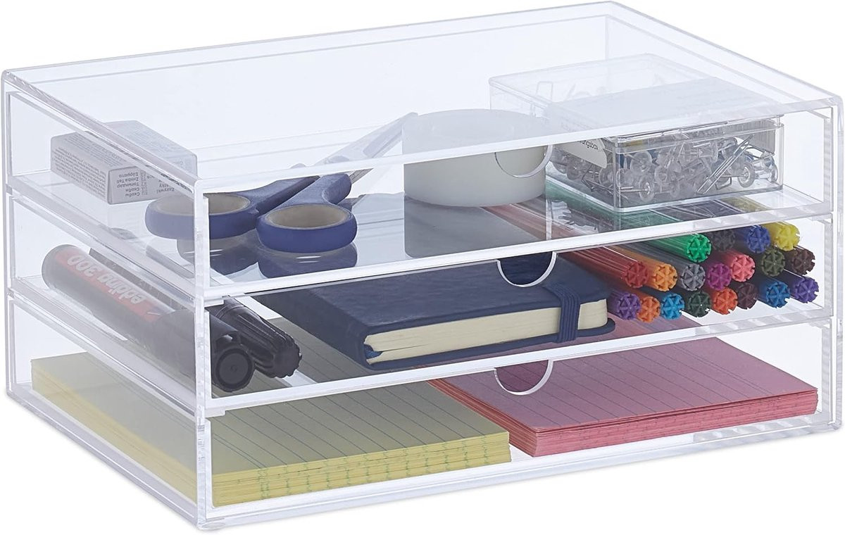 Transparante bureau organizer met 3 lades voor het opbergen van make-up en accessoires