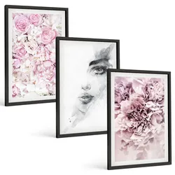 BILDER SET 3er Set - 40x60 cm Schwarzer Rahmen - Pfingstrosenporträt einer Frau in Schwarzweiß