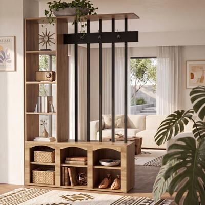 YUZHOU "71"" Wall Room Divider with 4 Hooks, Open Display Shelf, Shoe Rack - 39.37"" L x 11.81"" W x 70.87"" H"