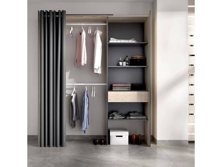 Dmora - Großer Kleiderschrank Wetterhorn, Struktur für begehbaren Kleiderschrank mit Vorhang, offener Kleiderbügel, 160 x 50 x 205 cm, Eiche und Anthrazit