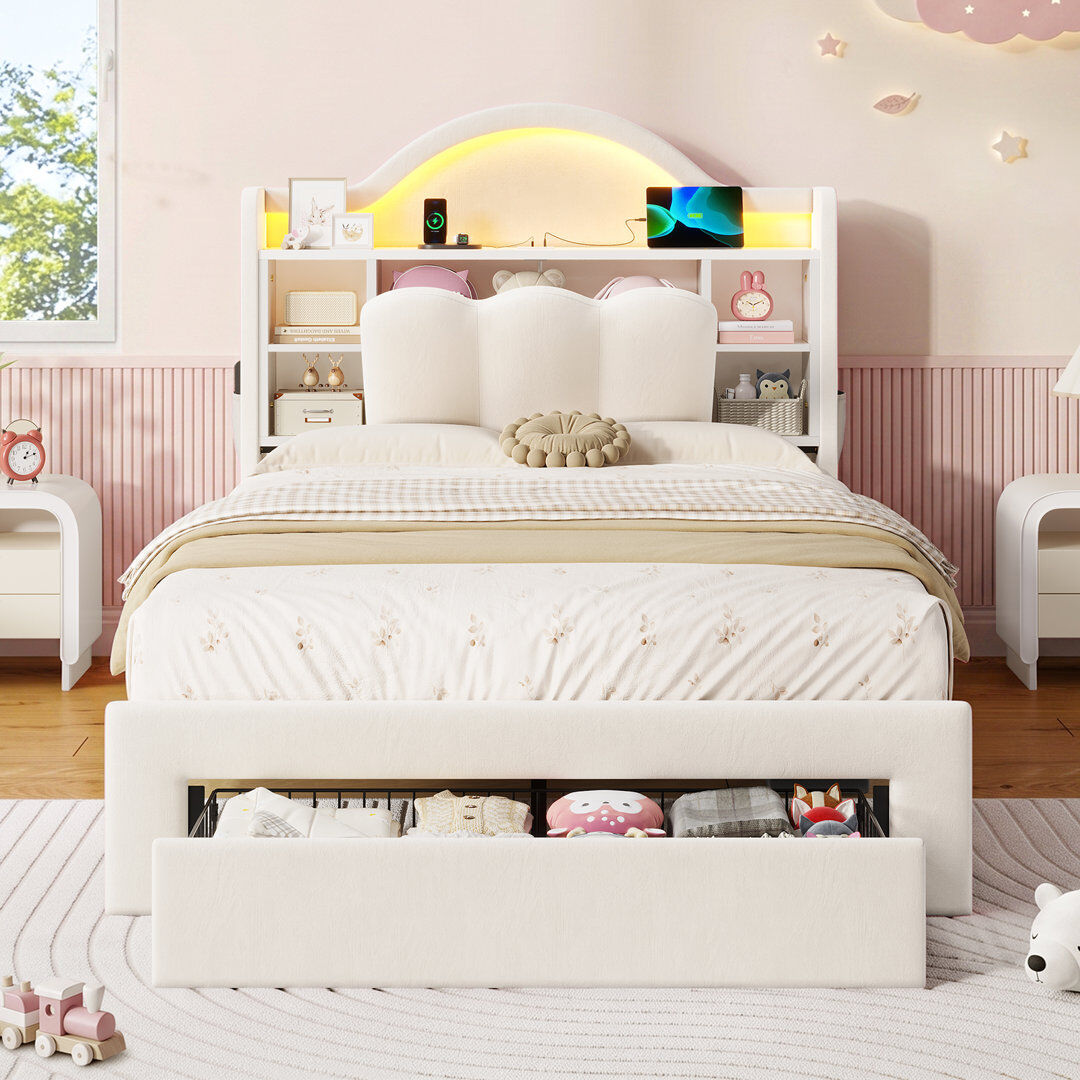 Canora Grey Single Bed with Storage Headboard & Drawers White 105cm H X 95cm W X 207cm L