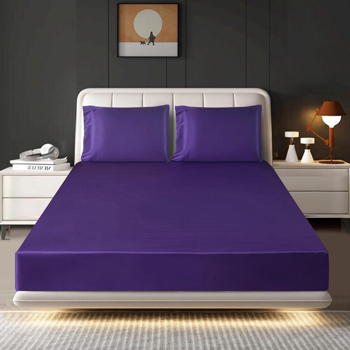 Luxe Satijnen Hoeslaken en Kussensloop Set - Kingsize - Aubergine