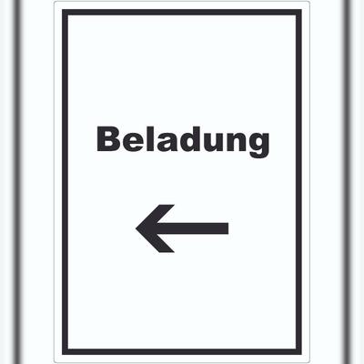 HB-Druck Beladung Aufkleber mit Text und Richtungspfeil links Transport Fracht hochkant A2 (420x594mm)