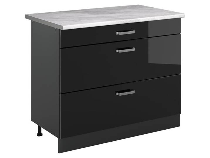 Küchenunterschrank Vicco R-Line Schwarz Hochglanz/Anthrazit 100 cm Arbeitsplatte Marmor, Model 71589