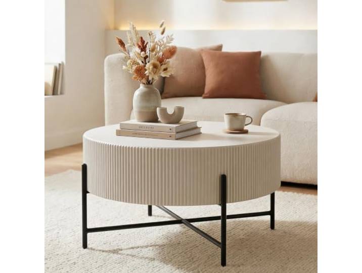 Couchtisch LOHA rund 80 cm, Beige/Kaschmir - Wohnzimmertisch mit geriffeltem Design, pflegeleichte Materialien, robuste schwarze Metallbeine mit Querstreben, ideal als Beistelltisch oder Coffee Table.