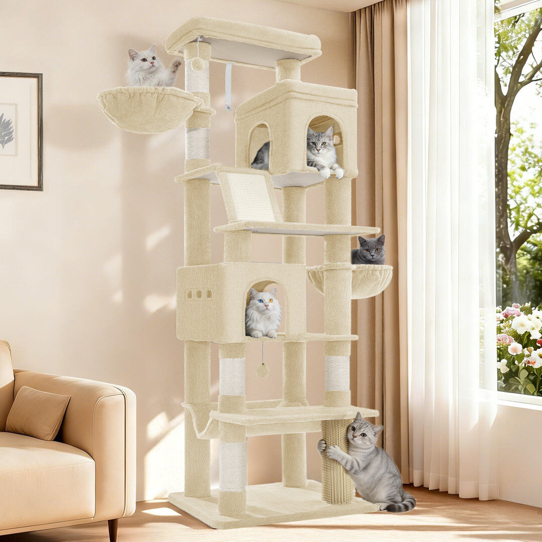 Rebrilliant Large Cat Tree Tower, Cat Tree for Indoor Cats, Climbing Tower for Large Cats, 5 Scratching Post, 2 Large Platform, 2 Caves, 2 Baskets, Stairs, Hammoc Beige 55 × 45 ×190 cm