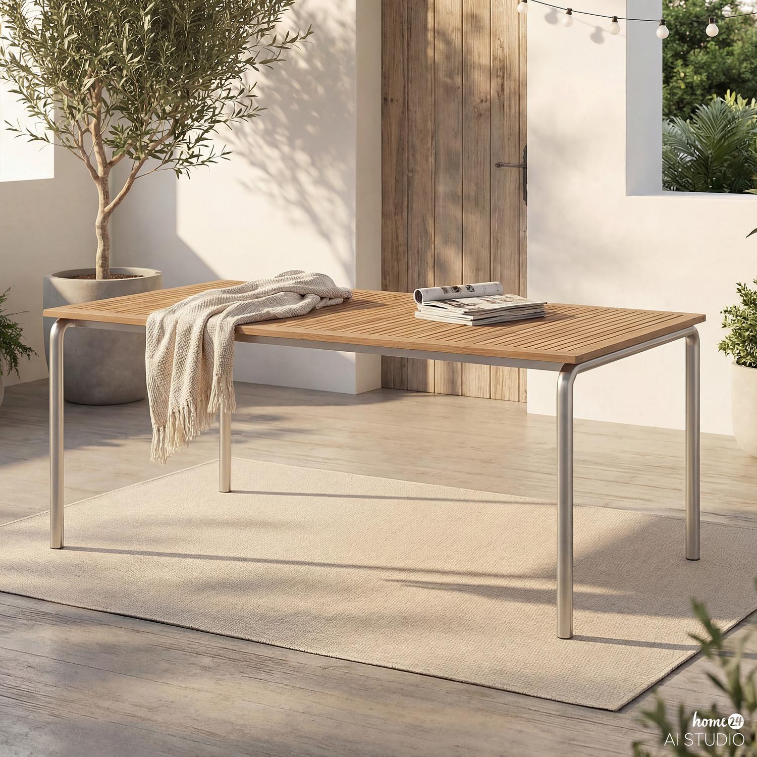 home24 Gartentisch - Teak Massiv / Edelstahl - Braun