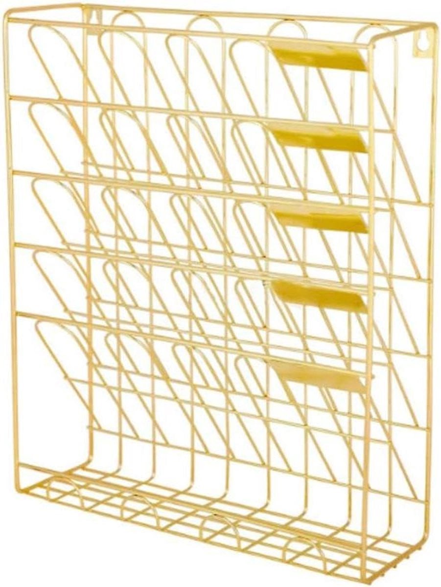 Goudkleurige wandgemonteerde tijdschriftenstandaard van metaal met 5 vakken voor het organiseren van boeken en documenten