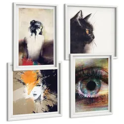BILDER SET 4er Set - 50x50 cm & 40x60 cm Weißer Rahmen - Porträt einer Frau, Auge, Farben, Emotionen