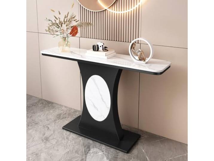 ZSCNYHMT Konsolentisch aus Sinterstein, verstärkte Basis, runde Kanten Verdickte Basis, Metallstütze, Backlack-Oberfläche, für Flur, Eingangsbereich, Wohnzimmer(A,150cm/59in)